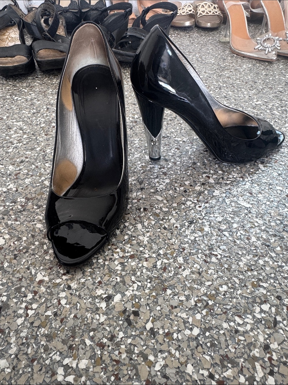 CHANEL Black Patent Peep-Toe Pumps with Silver Heel Accent as is